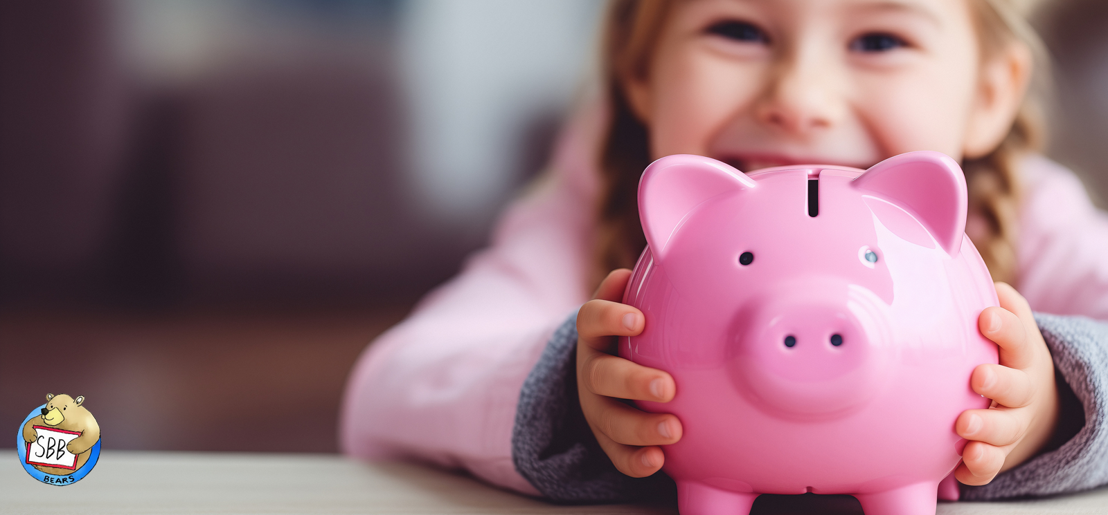 Image of child holding a pink piggy bank.